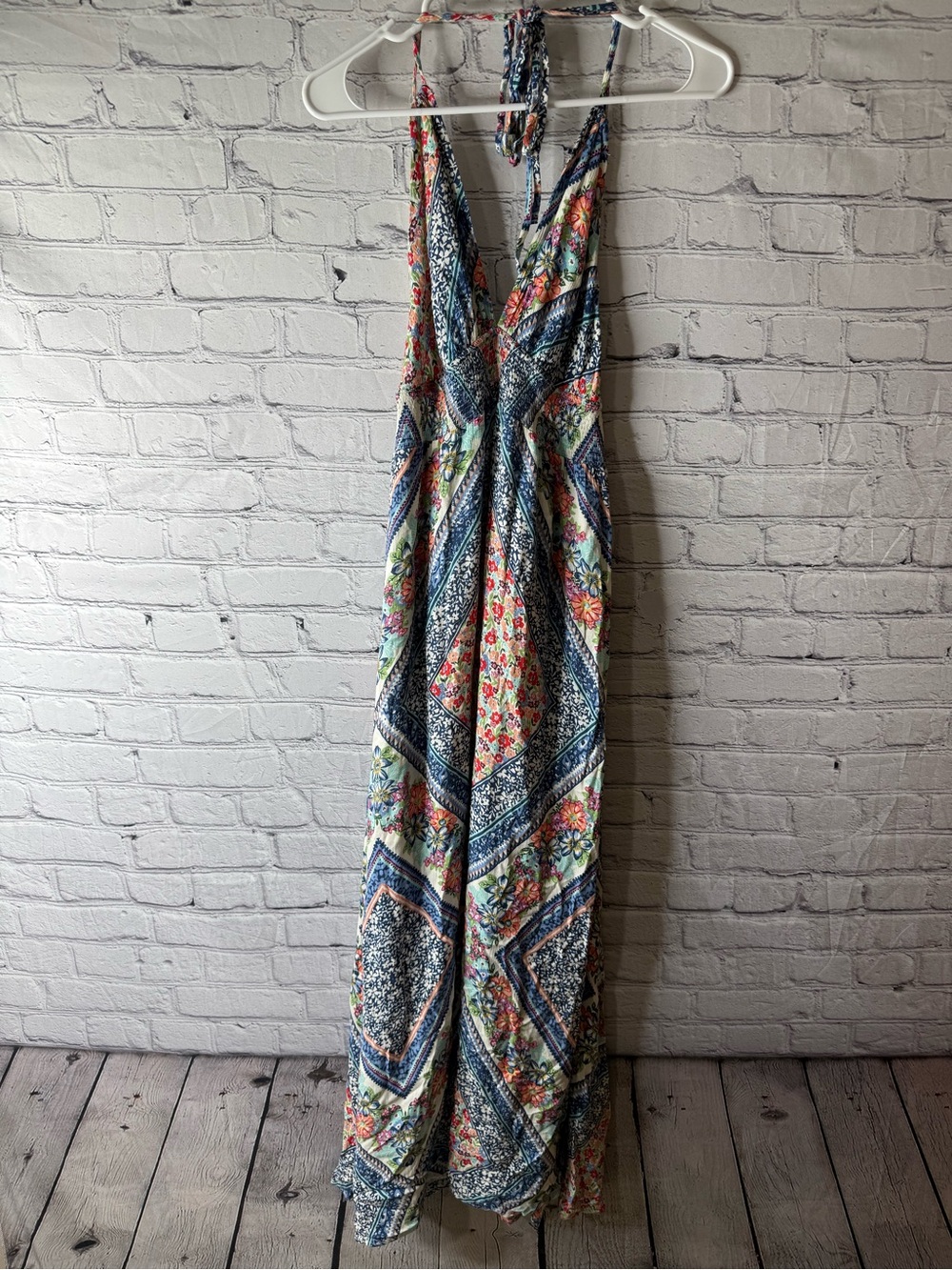 Native chic Bohemian Floral Patchwork Halter Maxi Dress - Blue/Multicolor